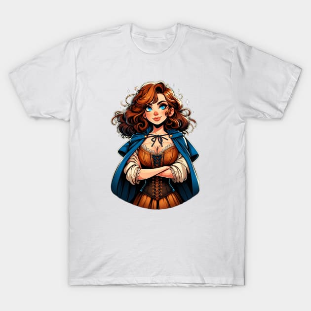 Red Haired Sorceress in a Blue Cloak - Fantasy T-Shirt by Fenay-Designs